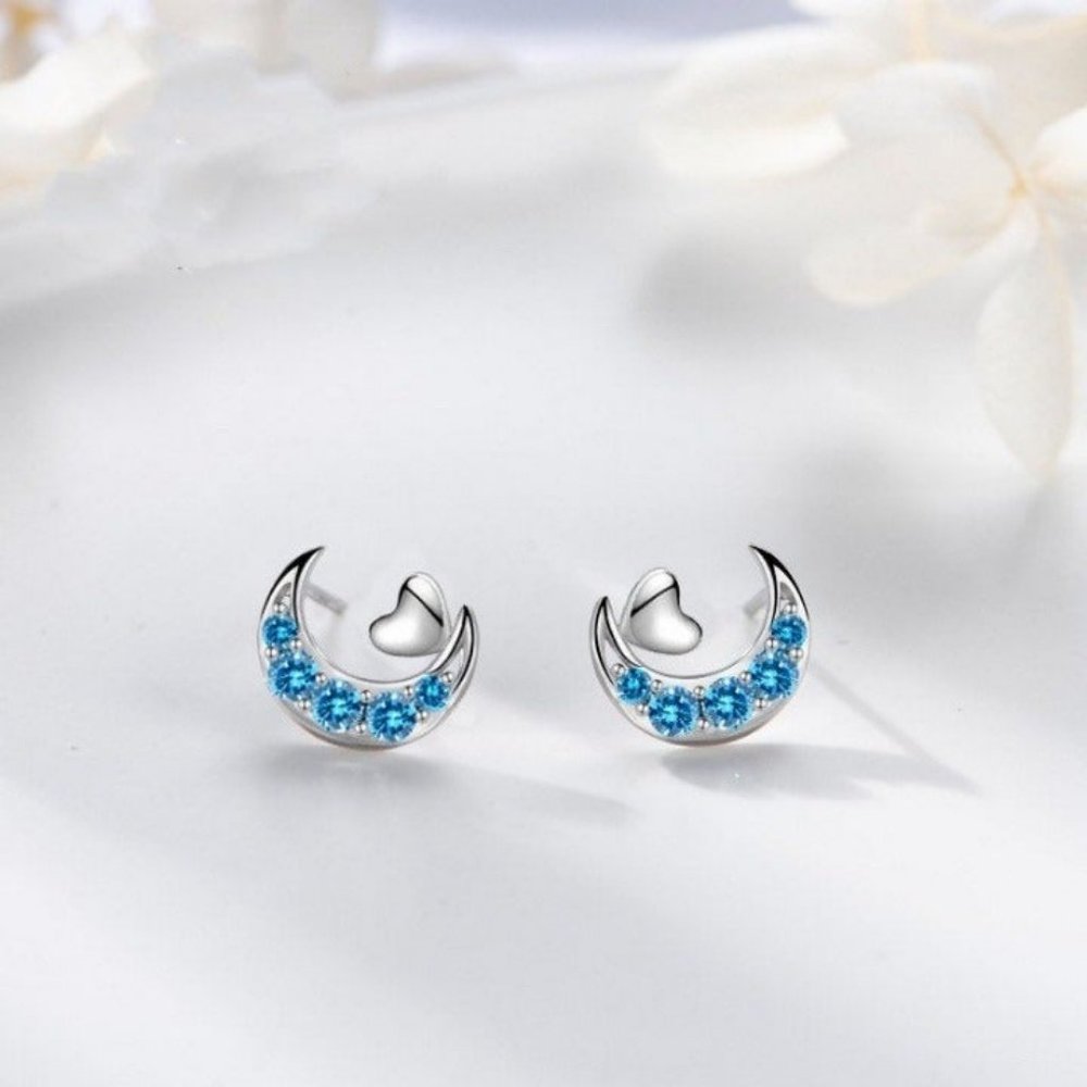 Blue Moon w/ Small Heart Stud Earrings-ECZ009